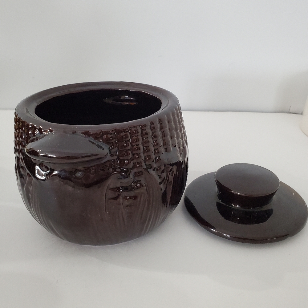 Rare Royal Canadian Art Pottery 1 Qt Brown Corn Cob Theme Bean Crock w/Lid - Picture 4 of 11